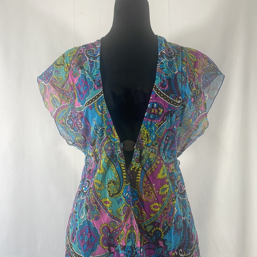 Sheer multi colored blue, hot pink,swim cover up,plunge V neck,tie in back,Small - Picture 2 of 9